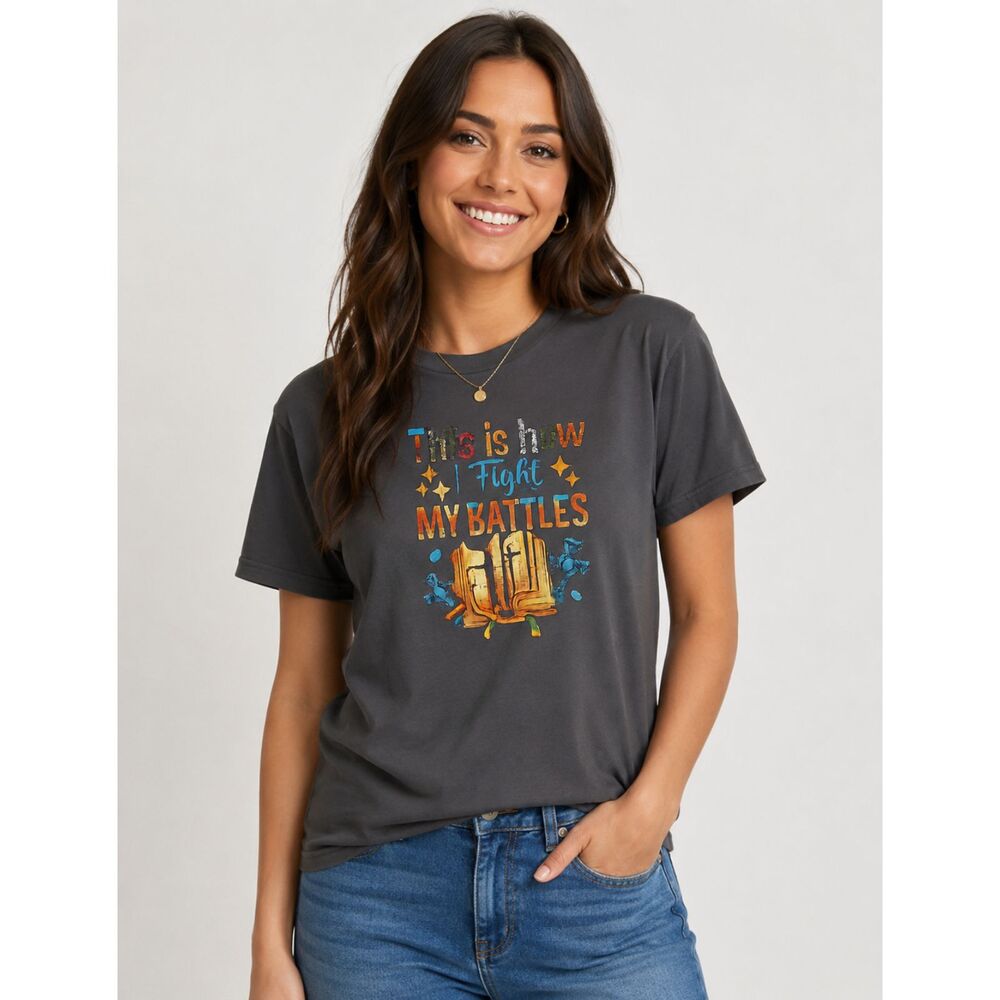 Women's Gildan XL Gray Christian Graphic Shirt "This Is How I Fight My Battles" - Picture 2 of 10